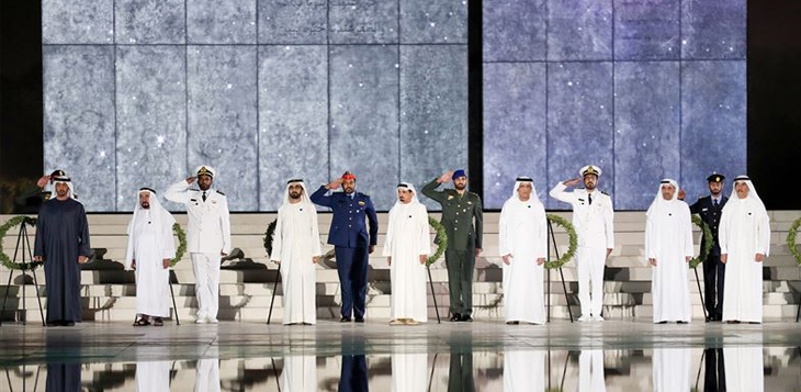 محمد بن راشد ومحمد بن زايد والحكام يشهدون مراسم "يوم الشهيد" بواحة الكرامة في أبوظبي