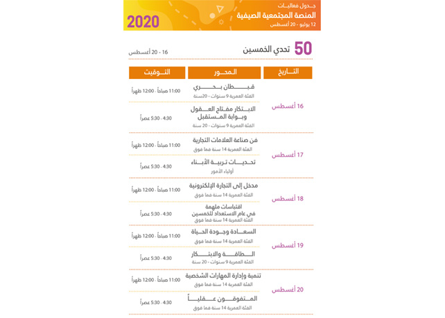 11 برنامج ونشاط تفاعلي ضمن محور تحدّي الخمسين ينطلق الأحد 16أغسطس